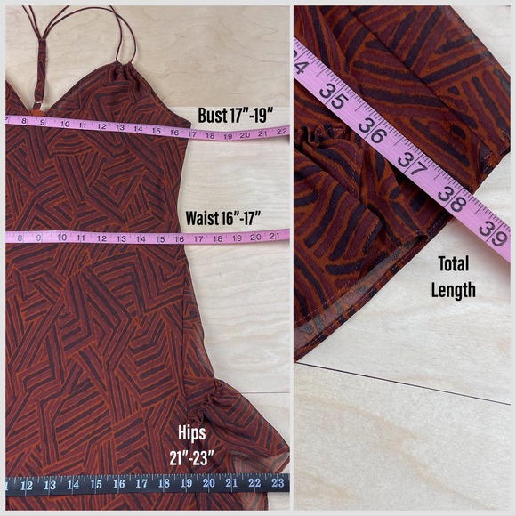 Vintage Y2k Brown Chiffon Geometric Ruffled Halter Slip Dress - Picture 7 of 8